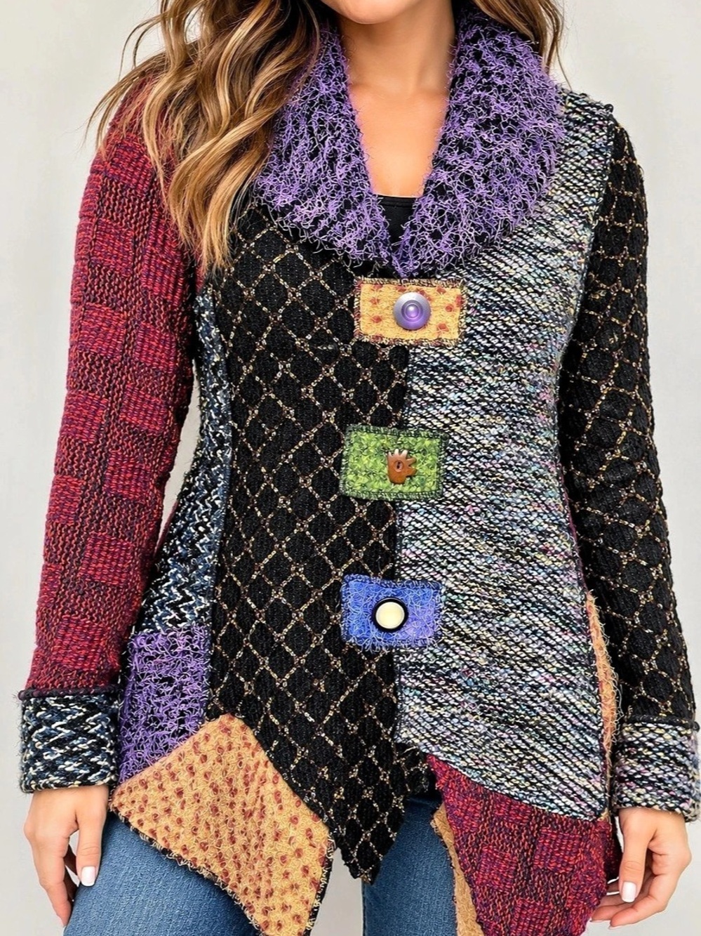 Lagenlook Boho Patchwork Knit Cardigan XS Artsy Avant Garde Statement